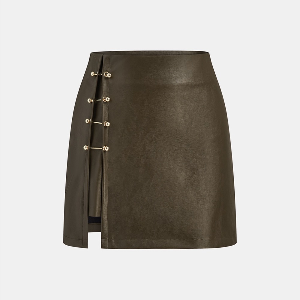 Commense Dark Olive PU leather Mini Skirt with Button Accents